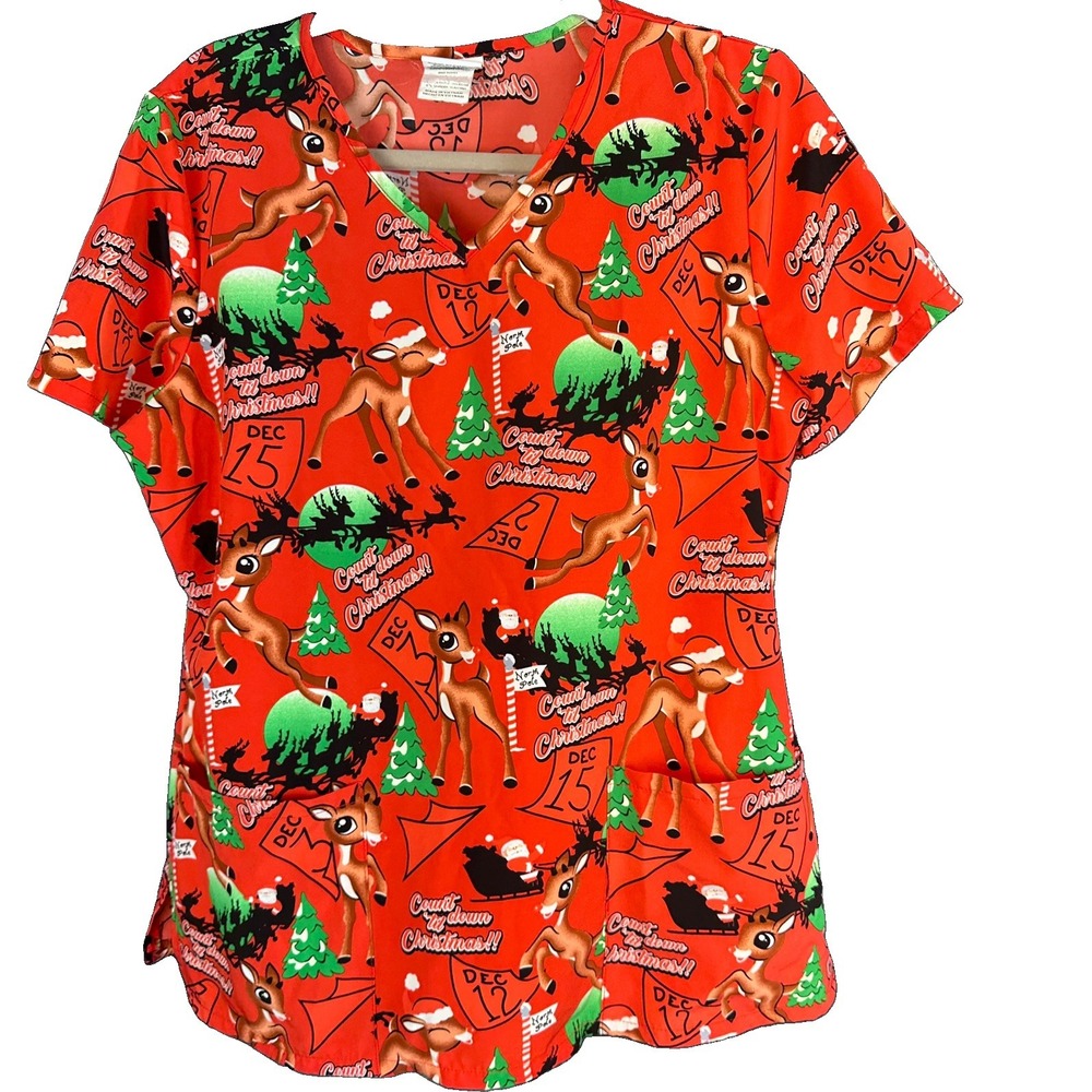 Rudolph Red Nosed Reindeer Christmas Scrub Top Lightweight Woman's Medium